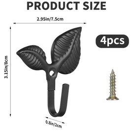 4Pcs Vintage Leaf Wall Hooks - Decorative Cast Iron Leaf Single Coat Hooks for Hanging Clothes, Towels, Keys & Bags - Rustic Black Wall Mounted Hooks with Screws for Bathroom, Bedroom & Kitchen