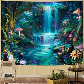 Yeoiat Waterfall Tapestry Forest Mushroom Wall Tapestry for Bedroom Floral Aesthetic Tapestry Wall Hanging for Living Room Bedroom Waterfall 60×80 Inches
