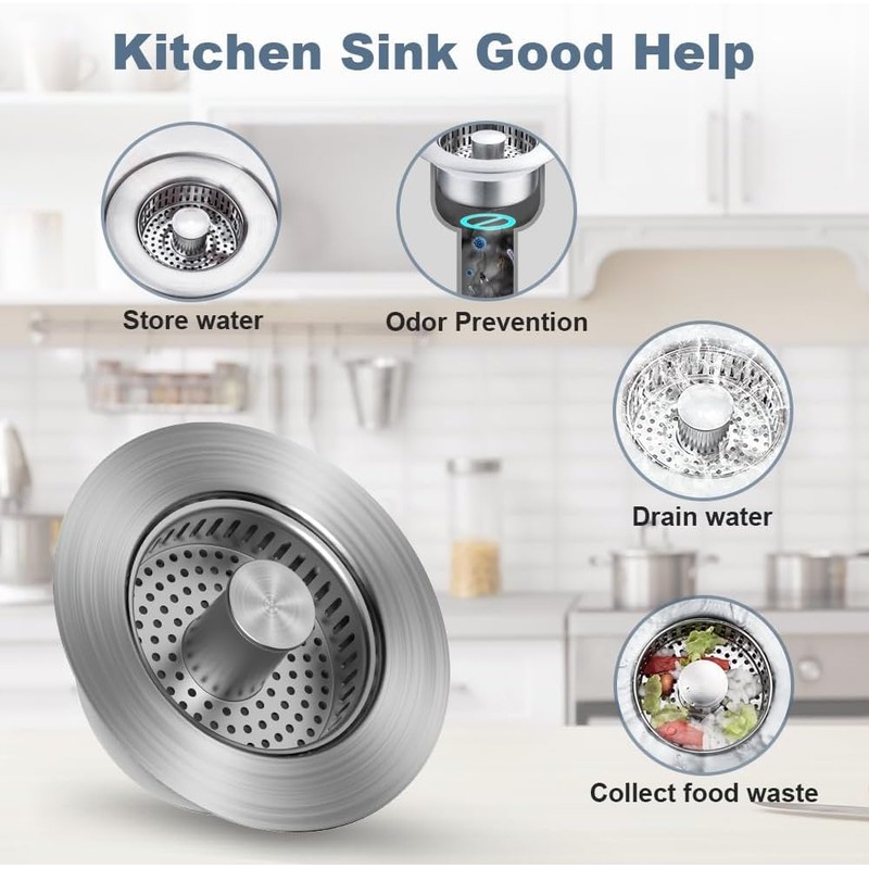 3 in 1 Kitchen Sink Drain Strainer and Stopper, 304