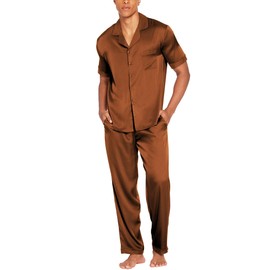 Ekouaer Men Satin Silk Pajamas Set 2 Piece Button Down Sleepwear Long Pants Loungewear with Pockets Brown