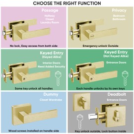 TICONN Door Handle Heavy Duty, Reversible Square Door Lever for Bedroom, Bathroom and Rooms (5 Pack, Privacy, Satin Brass)