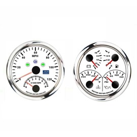 MOTOR METER RACING W PRO Series 2 Gauge Set 85mm 3-3/8" 2 in 1 GPS Speedometer & Tachometer, 4 in 1 Multi-Function Volt, Fuel Level, Water Temperature & Oil Pressure White Dial Red LED for Car, Boat