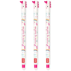 LEGAMI - Set of 3 Erasable Gel Pens with Thermosensitive Erase Ink, 0.7mm Tip, Unicorn Designs