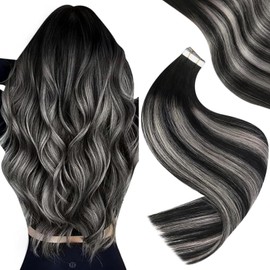 Easyouth Tape in Hair Extensions Human Hair Ombre Hair Extensions Tape in Real Hair Black to Silver Balayage Tape in Human Hair Extensions Silky 14 Inch 40g 20Pcs
