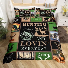 Feelyou Big Pike Fish Bedding Set Deer Duvet Cover for Kids Teens Boys Hunt Comforter Cover Antlers Fishing Rod Bedspread 1 Duvet with 1 Pillowcase Twin Size (No Comforter)