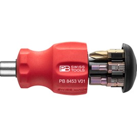 PB Swiss Tools Bit Holder Screwdriver PB 8453.V01 | 100% Swiss Made | Stubby Screwdriver with Sliding Magazine, 6 Bits C6 1/4" Slotted/Philipps/Hexagon and Magnetic Bit Holder