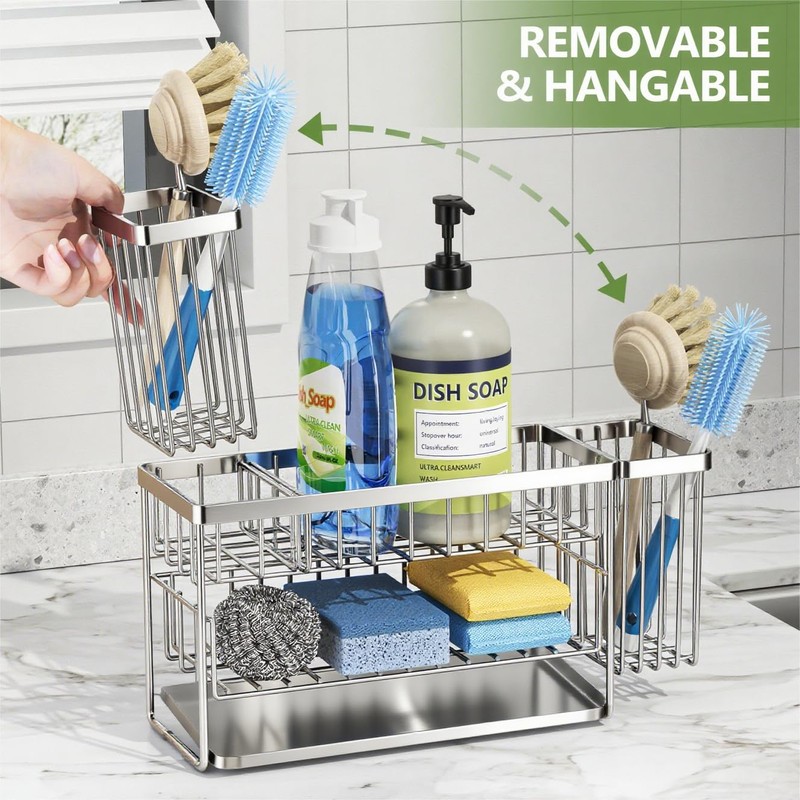 Cisily Silver 2-Tier Kitchen Sink Caddy Organzier Rack with Flexible