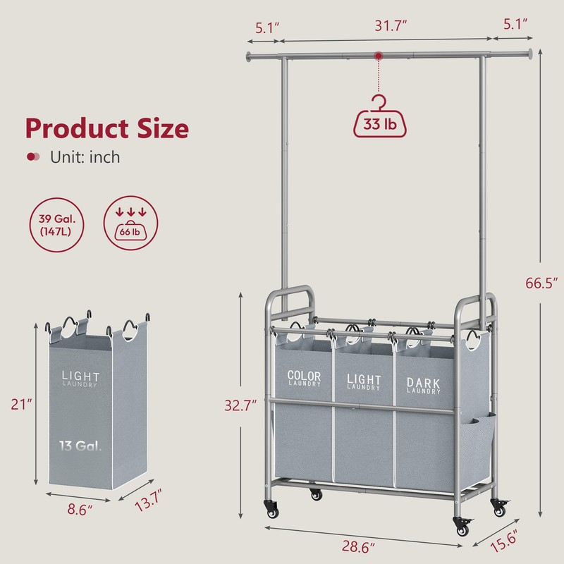 Tajsoon Laundry Sorter with Hanging Bar, 3 Section Rolling Laundry