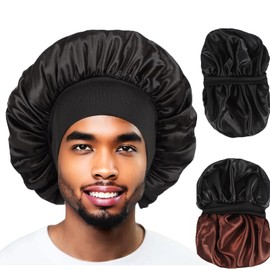2pcs Large Bonnet for Men Hair Bonnet for Sleeping Double Layer Satin Bonnets Black