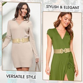 MESU Women Wide Stretchy Belts Waist Elastic Waistband for Dresses Beige Band Gold Buckle 70CM