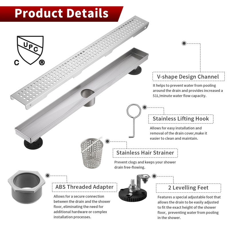 Sharp-tec 32 inch Linear Shower Drain, Brushed Rectangular Floor Drain,