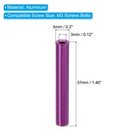 PATIKIL 6pcs M3 Metal Threaded Standoff Spacer Nuts, Round Aluminum Spacers Female Coupling Screws, 1/8" ID x 3/16" OD, Purple 3x5x37mm