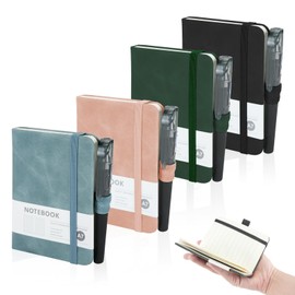 Mulaibdin 4 Pack Pocket Notebook, A7 Notebooks with Pen, Small Journal Leather Notepads Hardcover Mini Cute Notebooks Holder Page Marker Ribbons for School Office Memos Supplies 4.3” x 3.2” 200 Page