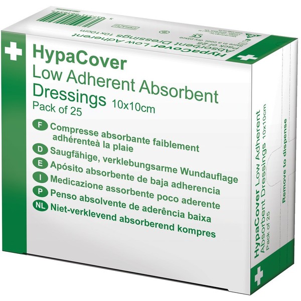 HypaCover Low Adherent Dressing Pads for Wounds Absorbent Dressing, 10x10cm (Pack of 25)