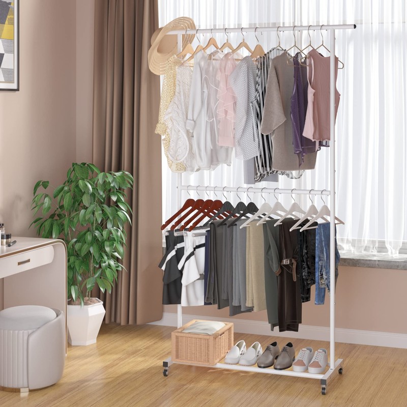 Sywhitta Double Rod Clothing Garment Rack, Rolling Clothes Organizer on