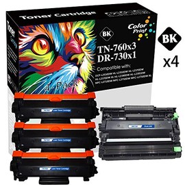(3 Toner + 1 Drum) TN730 TN-760 TN760 Toner Cartridge DR730 DR-730 Drun Unit Used for HL-L2350DW L2390DW L2370DWXL DCP-L2550DW MFC-L2710DW MFC-L2750DWXL Printer, by ColorPrint