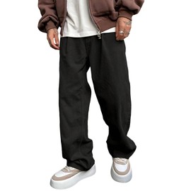 Verdusa Men's Casual Drawstring Elastic Waist Wide Leg Pants Long Trousers with Pockets Black Large