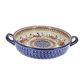 Blue Rose Polish Pottery Red Daisy Small Round Baker With Handles