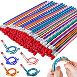 OJYUDD 100 Pack Flexible Bendy Pencil,Stripe Rubber Pencil with Erasers,Colorful Bendable Soft Pencils for Classroom Gifts,Goodie Bag Fillers