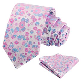 Alizeal Mens 3.15inch Unique Floral Tie with Floral Print Pocket Square, Light Pink+Light Blue