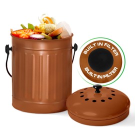 Plexon Countertop Compost Bin Kitchen Indoor, with Lid, Copper 1.5 Gallon Odorless Kitchen Compost Container, Steel Food Bucket Pail with Charcoal Filter, Bronze