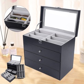 WANLECY Sunglass Organizer, 4 Layer 24 Slots Multiple Glasses Organizer Display Case Jewelry Collection Holder with Drawer for Women Men