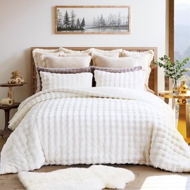 Bedbay White Bunny Fur Duvet Cover King Size,Rabbit Faux Fur Fluffy Bedding Set,Luxury Fuzzy Shaggy Furry Comforter Cover,Ultra Soft Rabbit Bubble Velvet Bedding Quilt Cover 3 Pieces Winter Bedding
