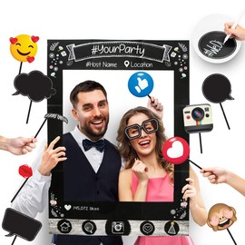 Insta-Themed Social Media Party Photo Booth Selfie Frame with Emoji & Speech Bubble Props. Great as Vintage Background Photography for Birthday, Anniversary, Wedding Event Decoration