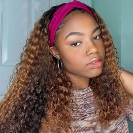 Aiterina Deep Wave Headband Wig Human Hair Ombre Highlights Headband Wig Glueless None Lace Front Wigs Human Hair 4/27 Colored Headband Wig for Black Woman 150% Density 26 inch