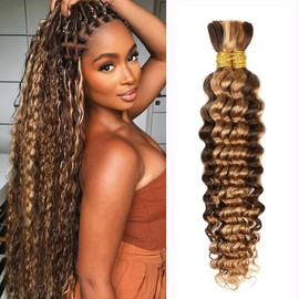 Human Braiding Hair 24 Inch 100g 2 Bundles Ombre Highlight 4/27 Deep Wave Human Hair for Boho Braids No Weft Curly Bundles Knotless Wet and Wavy Braiding Hair