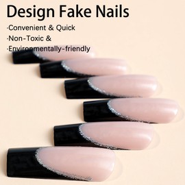 Long Press on Nails Square Fake Nails Black French Tip False Nails Nude Artificial Nails Silver Bling Glitter Line Glue on Nails Full Cover Acrylic Stick on Nails for Women Girls Manicure 24Pcs