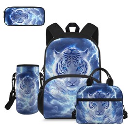 doginthehole Lightning Tiger School Backpack for Boys 15inch Cool Boys School Backpack with Lunch Bag 4Pcs Lightweight Boys Bookbag Age 8-10 for Elementary School Kids Casual Hiking Daypack