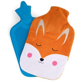 Hot Water Bottle 2L | Warm Water Bag | with Soft Fleece Embroidered Cover | for Pain Relief | 35 x 18.5 cm / 2 Liter | Insulated Rubber Cold Water Bag | Fox Pattern [092]