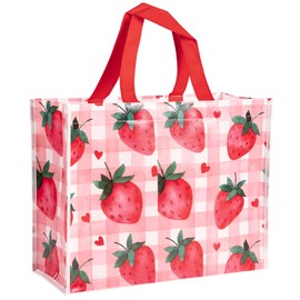Loveinside Starberry Reusable Gift Bag, Sweet Srawberry and Plaid Design Medium Recycled Pink Gift Bag for Girls, Kids, Birthday, Summer, Valentine's Day, Party Favor, 13" x 5" x 10", 1 Pcs