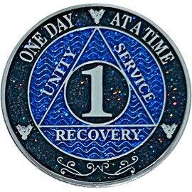 AA One-Year Sobriety Coin with Glitter Enamel – Fancy Velvet Gift Box – 1 Year Recovery Medallion for Alcoholics Anonymous – Unique Heart Box Design – Clean Time Chip for Anniversary Gift