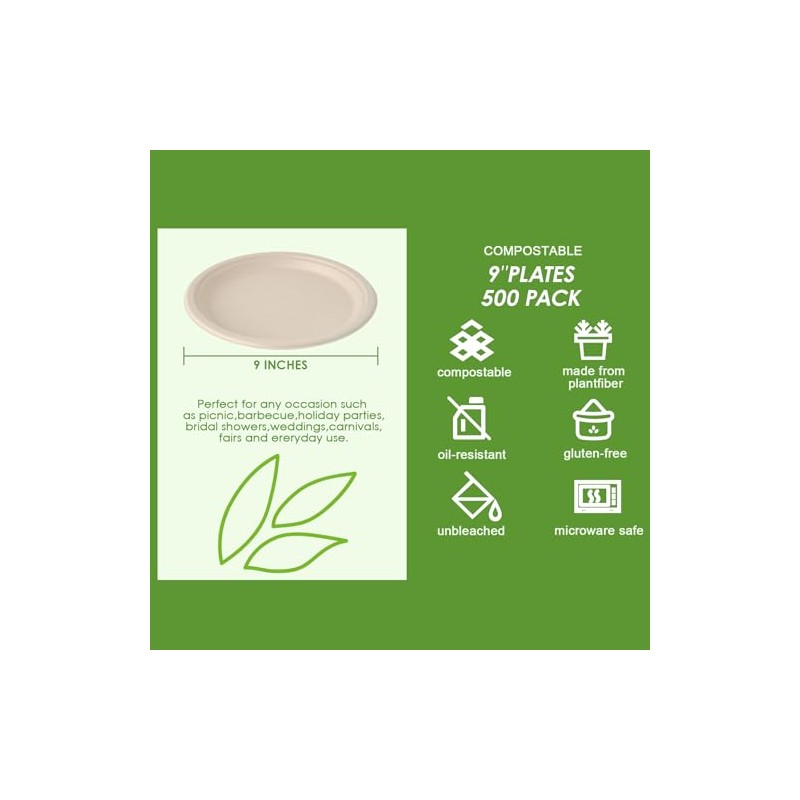Vplus 500 Pack Paper Plates 9 inch 100% Compostable, Heavy-Duty