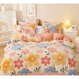 LMONMOO Pink Duvet Cover Twin, Fluffy Comforter Cover Set, Kawaii Bedding Sets for Girl Ultra Soft Cute Floral Bed Set for Kids (Flower, Twin)