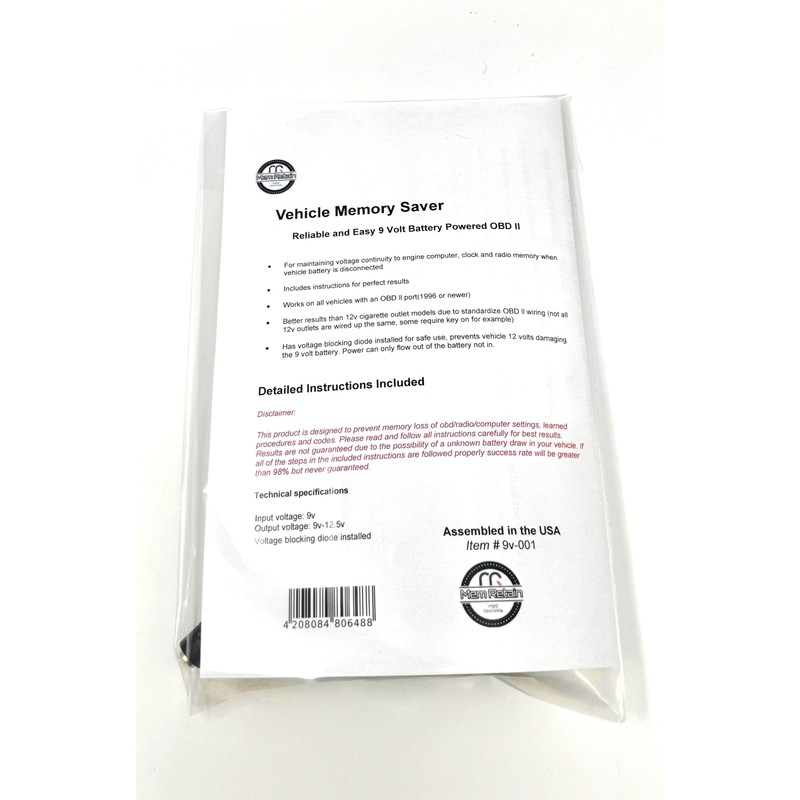 Original Mem Retain Brand 9 Volt Battery Powered OBD ll
