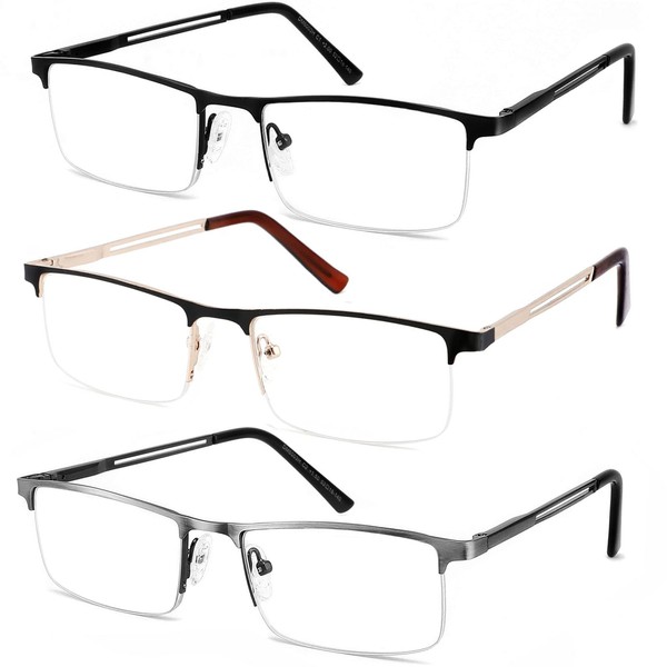 JJWELL 3 Pack Mens Reading Glasses Blue Light Blocking, Metal