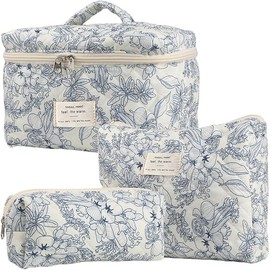 LYkotama Makeup Bag Set, Large Travel Cosmetic Bags for Women, 3pcs Cute Floral Makeup Bags, Cotton Quilted Toiletry Organizer Bag, Women's Emergency Bag (Flower-Deep Blue)