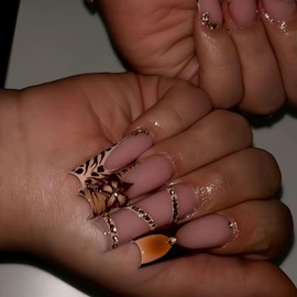 QQPPOLIU Square Press on Nails Long French Tip Glue on Nails with Design Fake Nails Flower False Nails Nude Acrylic Nails 24pcs