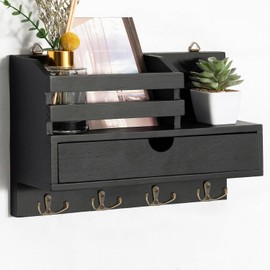 Irayin Wooden Key Holder with Shelf, Wooden Key Holder with 4 Double Key Hooks and Storage Drawer, Wall Key Board for Entrance Area, Hallway, Living Room, Office - Black