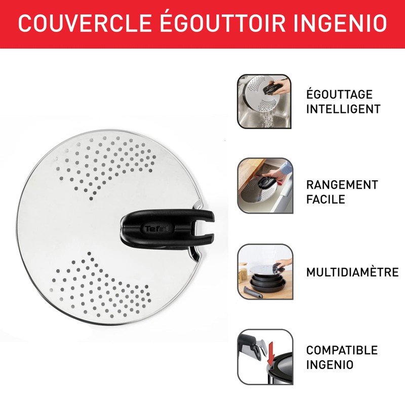 Tefal Ingenio Stainless Steel Drip Lid, Easy Storage, Multi Diameter,