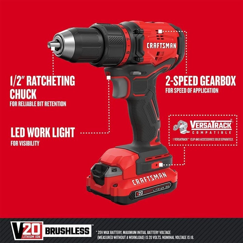 CRAFTSMAN V20 Cordless Drill/Driver Kit, 1/2 inch, Battery and Charger