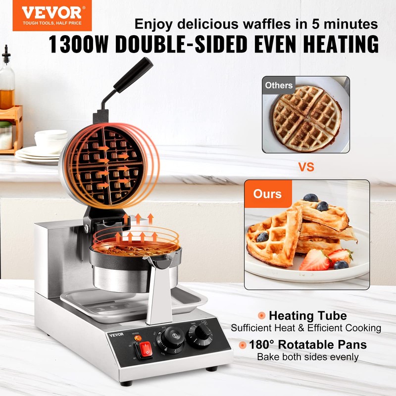 VEVOR Commercial Waffle Maker, 1300W Round Waffle Iron, Non-Stick Rotatable