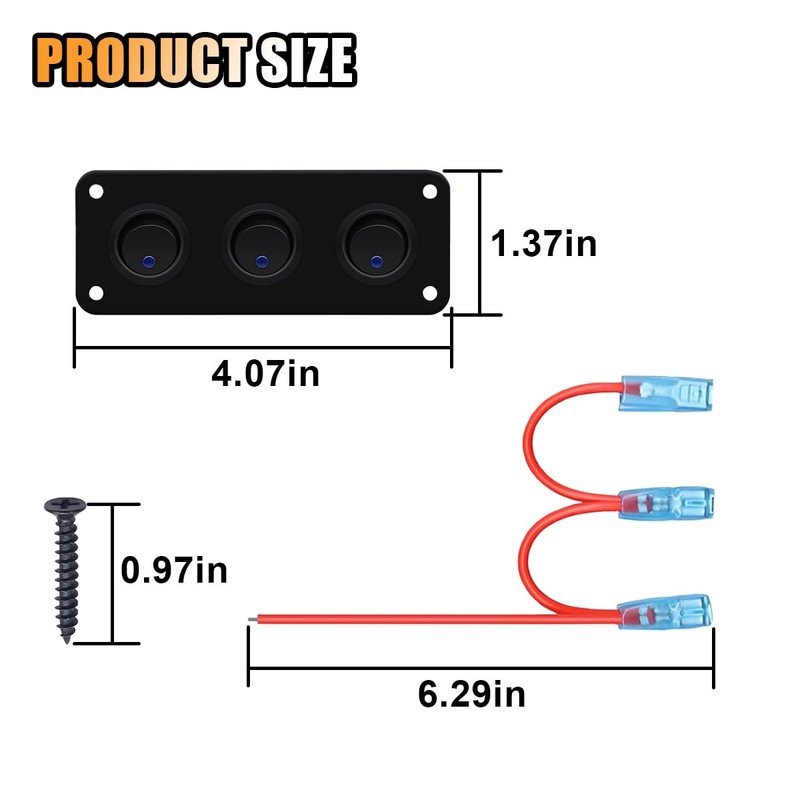 3 Gang Rocker Toggle Switch Panel, DC 12V 20A Waterproof