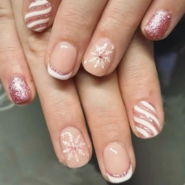 24Pcs White French Press on Nails Square Christmas Pink Glitter Fake Nails Short Acrylic Nails Kit with Snowflake Stripe Glitter Design Full Cover Winter False Nails Artificial Glue on Nails for Women