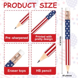 JarThenaAMCS 50Pcs Independence Day Pencil with Erasers American Flag Short Writing Pencils Red White Blue Patriotic Half Pencils for 4th of July School Office Stationery Supplies, 4 in