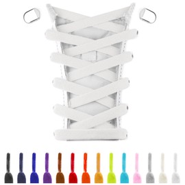 UamGlsob 8mm Wide Elastic Trainer Laces No Tie, Universal Flat Shoelaces with Small Buckle Metal Locks, Quick Lacing System tieless Laces Closure, 140cm Long Cord (White)