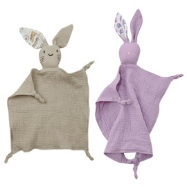 MLPKOI 2Pcs Baby Comforters Blanket, Soft Muslin Bunny Security Blanket Infant Toddler Cuddle Snuggle Toy Blankets for Newborn Infant Boy Girls